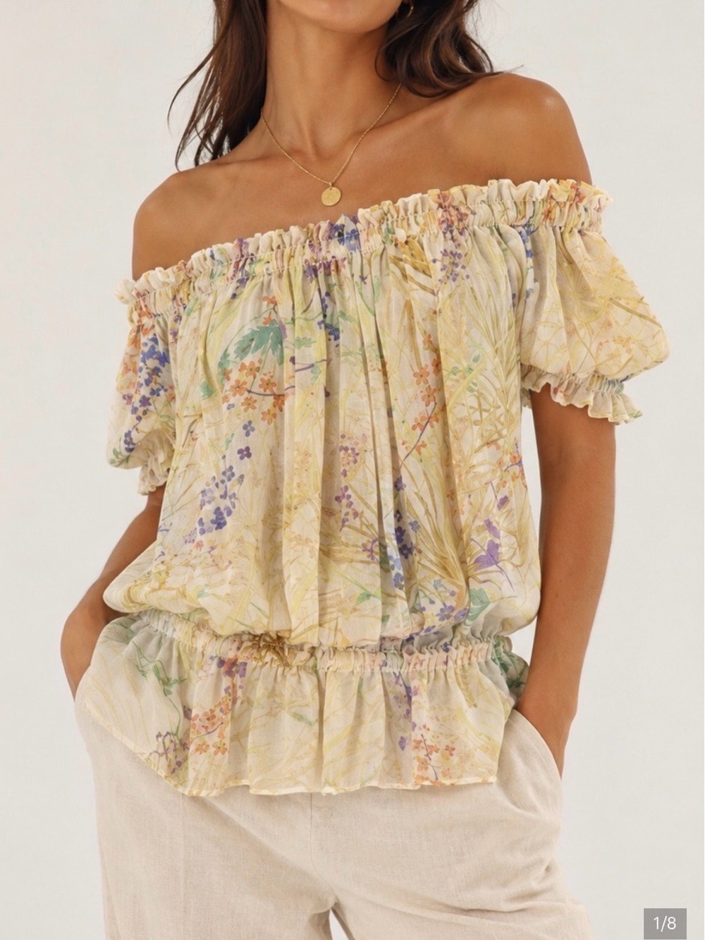 Zara Woman 100% Silk Off Shoulder Floral Peasant Blouse Size M